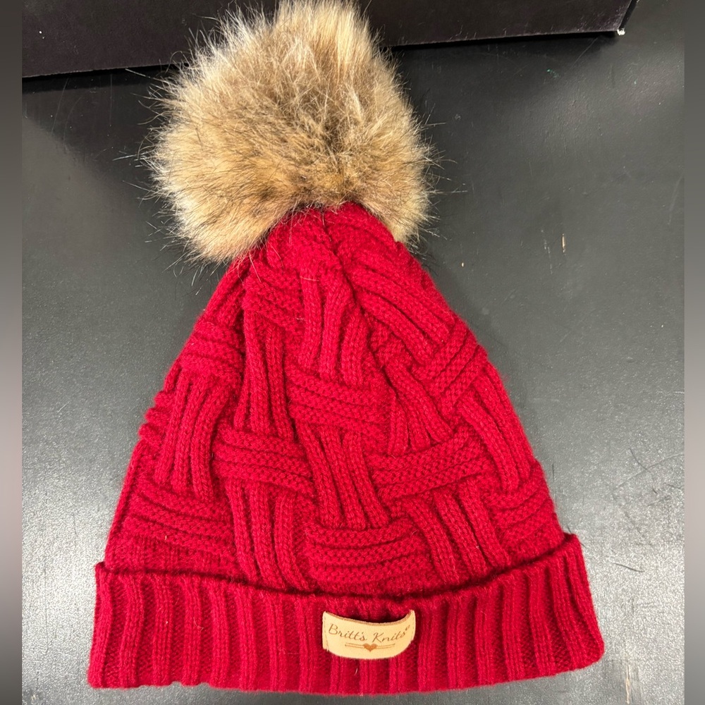 Britt’s Knits Ruby Red Kids Beanie with Faux Fur Pom-Pom OS